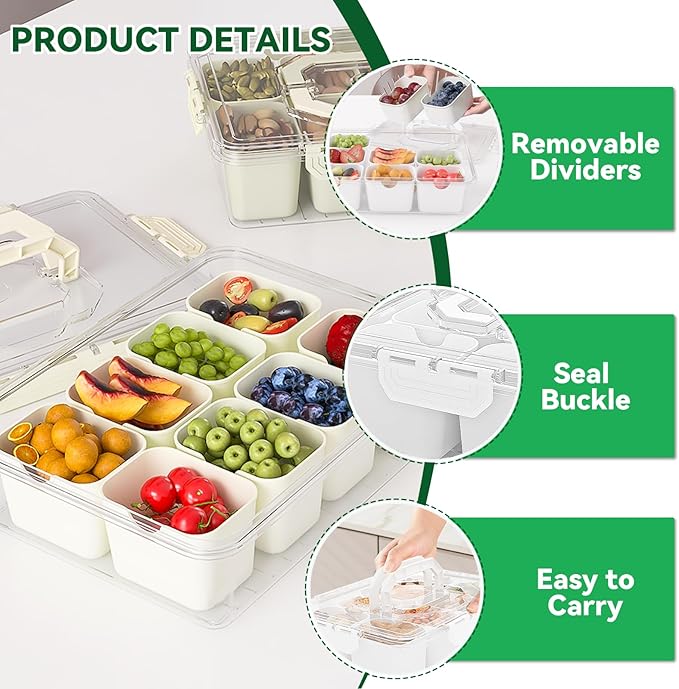 REBECAT Divided Serving Tray with Lid and Handles 8 Compartments Snack Box Container Charcuterie Organizer Snackle Box Container for Candy,Nuts，Fruits,Snacks,2 Pack,Beige