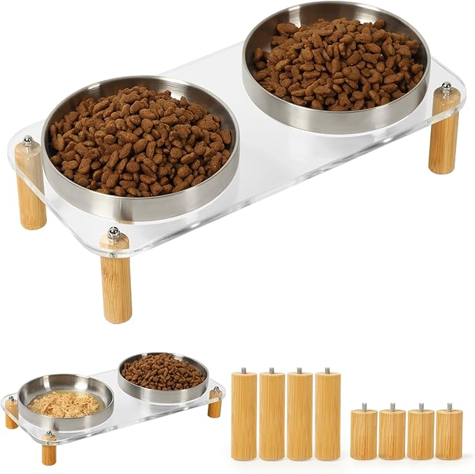 Elevated Cat Bowls for Indoor Cats – Clear Acrylic Cat Food Table with 2 Stainless Steel Dishes, Adjustable Height (4.05"/2.87"), Set of 1