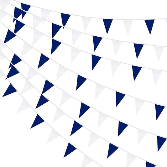 100 Feet Dark Blue & White Pennant Banner Flags String Hanging Dark Blue & White DIY Triangle Bunting Flags,Party Decorations for Grand Opening,Party Events Celebration,Kids Birthday,60 Pcs