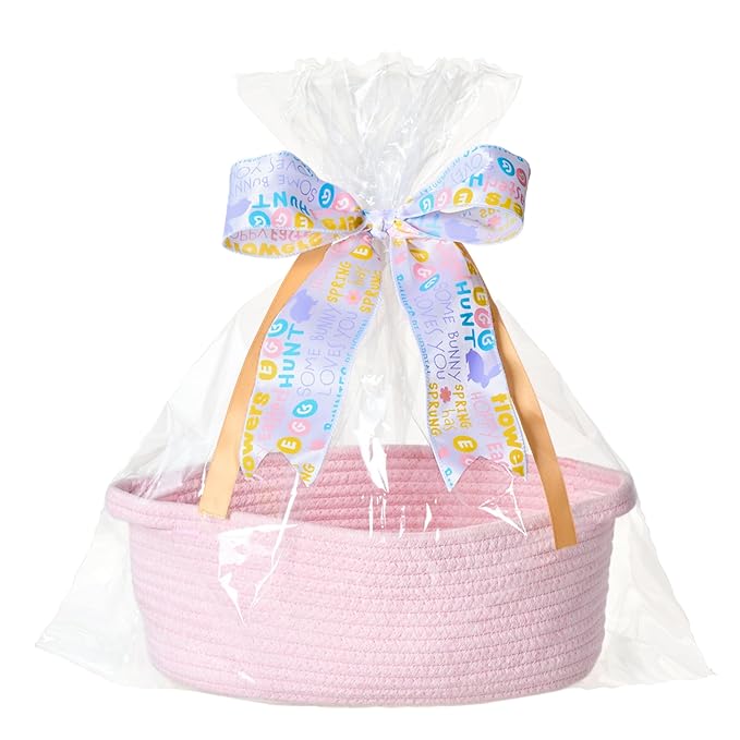 Small Woven Gift Basket Empty with Bag & Ribbon - Gifts for Mom, Baby Shower, Birthdays & Raffle - Cotton Rope Storage Basket for Dog Toys or Shelf - 12"x8"x5", Pink/Easter Ribbon