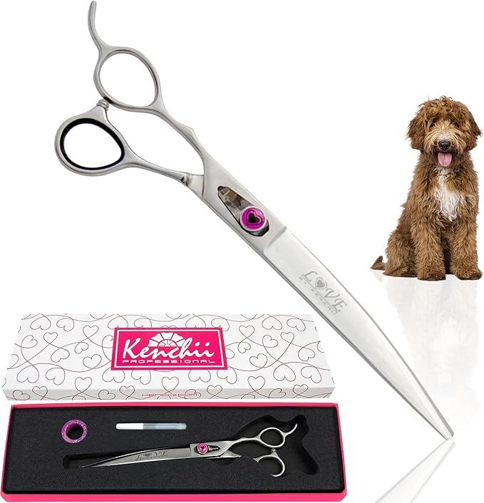 Kenchii Love Left Handed Dog Grooming Scissors, 8 Inch Curved Shears, Dog Scissors for Grooming, Professional Pet Grooming Scissors, Ergonomic & Comfortable