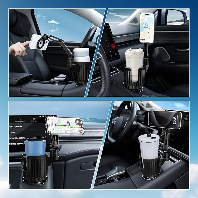 This Hill Magnetic Cup Holder Phone Mount, Compatible with MagSafe, 4.1" Base Adjustable Height Car Cup Holder Compatible with iPhone 16 Pro Max / 15/14 / 13/12 Series, Secure Fit for Car or SUV