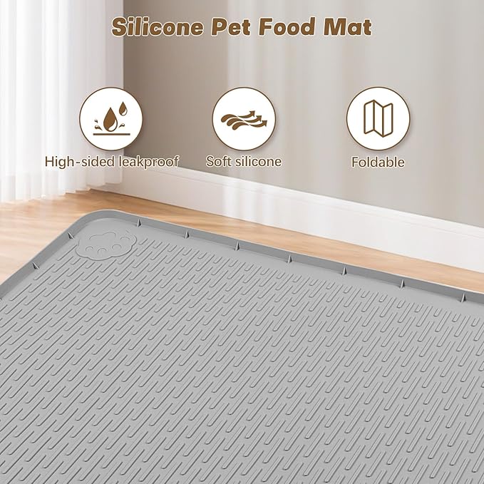 Bartuke Cat Food Mat, 40" x 28" Extra Large Silicone Pet Feeding Mat with Raised Edge Pet Placemat for Food and Water Bowl Non-Slip, Easy to Clean, Floor Protection (Grey)