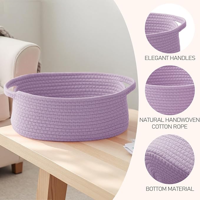 JMvicyroam Woven Basket,Small Rope Storage Bin with Handles & Ribbon Bag, Organizer for Shelves Closets,Gift Basket Empty for Birthday,Books,Dog Toys, Purple