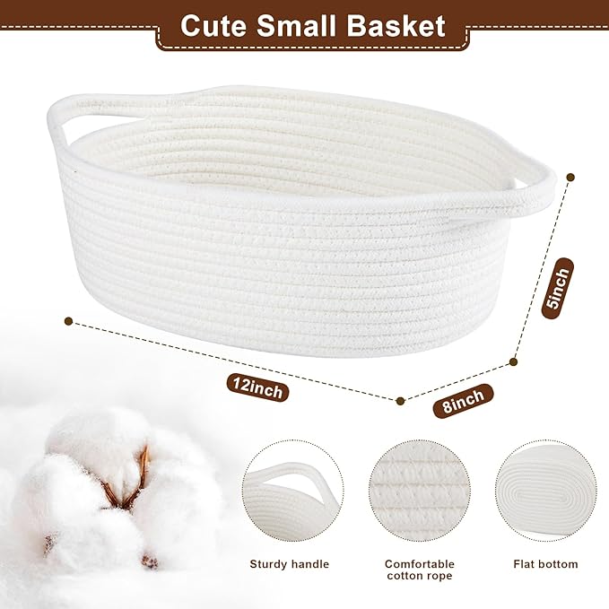 OIAHOMY Gift Basket with Handle, Small Woven Basket with Gift Bag, Ribbon and Wrap Tissue Paper, Nursery Bins Empty to Fill with Small Items, Baby, Pet Toy Organizer - White