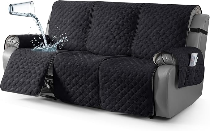 TAOCOCO 100% Waterproof Recliner Couch Covers, Recliner Sofa Covers with Leg Straps, 1-Piece Washable Reclining Sofa Cover with Pocket Couch Protector for Pets Kids(3 Seater, Black)