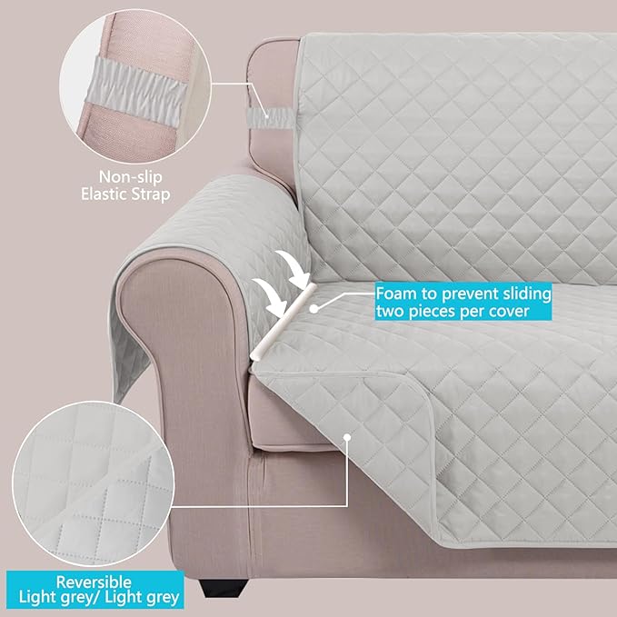 U-NICE HOME Loveseat Sofa Cover Reversible Couch Cover for Dogs with Elastic Straps Water Resistant Furniture Protector for Pets Couch Cover for 2 Cushion Couch (Loveseat, Light Grey/Light Grey)