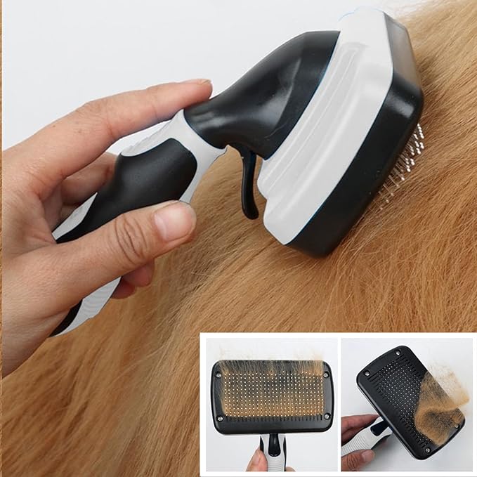 PETIMP STORE Dog Brush Kit for Grooming Short & Long Haired Dogs & Cats, 4-in-1 Pet Grooming Set with Self-Cleaning Slicker Brush, Deshedding Tool, Shampoo Bath Comb, Massge Comb (White Black)