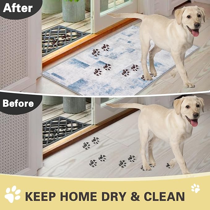COMSLE Door Mat, Front Door Mat Indoor for Entrance Faux Wool Absorbent Non Slip Modern Throw Rug for Entryway Hallway Muddy Paws - Pet Friendly, 20x32 Inches,Square Blue Machine Washable