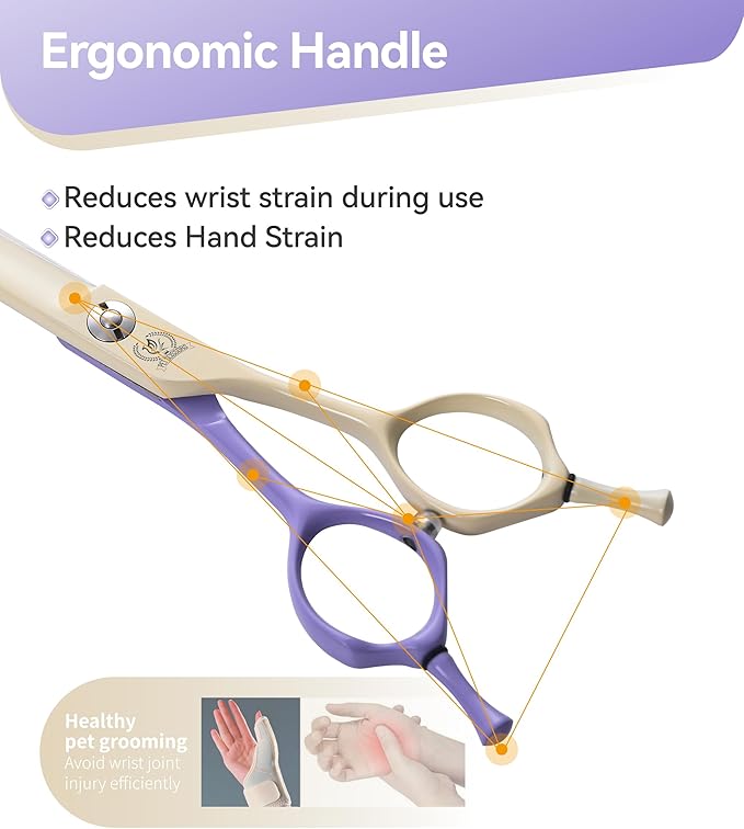 Fenice Peak Curved Dog Grooming Scissors with Coating 440C Stainless Steel, 7 inch Professional Curved Shears Dog Grooming，25 Degree of Curved Blade，Pet Shear for Trimming Face and Paw, Violet & White