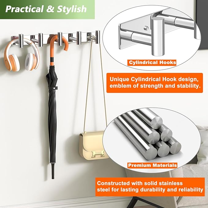 VINHOLD Wall Mounted Coat Rack-5 Hooks, Heavy Duty Stainless Steel Wall Hooks for Towel Coat Bag, Hat Rack Coat Hanger Coat Hooks Towel Racks for Bathroom Entryway Kitchen Hotel (Glossy, 1 Pack)
