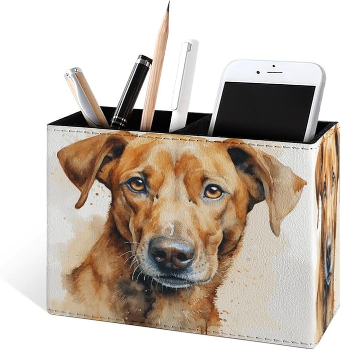 Famame Brown Dog Watercolor Pencil Holder for Desk, Leather Desktop Container Pen Cup Storage Study Table Pen Organizer Makeup Brush Holder for Classroom Office Home