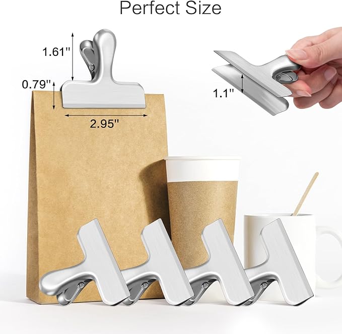 12 Pack Chip Clips, Stainless Steel Bag Clips Food Clip, Heavy Duty Bag Clip for Food Storage, Air Tight Seal Perfect for Kitchen Office Usage (Silver)