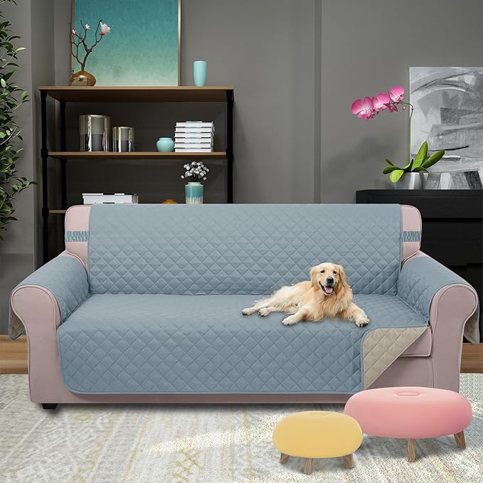 U-NICE HOME Large Sofa Cover Reversible Couch Cover for Dogs with Elastic Straps Water Resistant Furniture Protector for Pets Couch Cover for 4 Cushion Couch (Oversized Sofa, Light Blue/Beige)