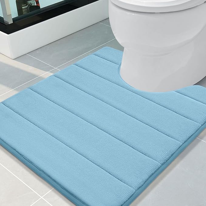 Buganda Memory Foam U-Shaped Contour Toilet Rugs, Non Slip Absorbent, Thick Soft Washable Bathroom Mat, Floor Carpet Bath Rugs Mat for Toilet Base (24" x 20", Blue)