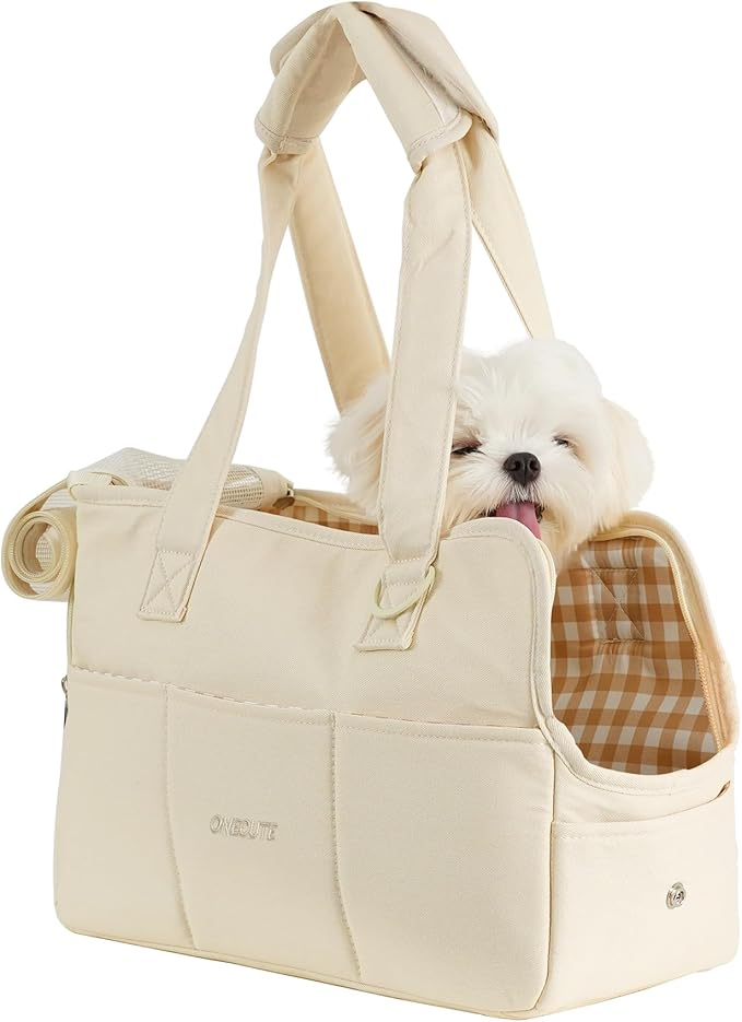 ONECUTE Dog Carrier for Small Dogs Rabbit cat with Large Pockets, Cotton Bag, Dog Carrier Soft Sided, Collapsible Travel Puppy Carrier (Beige, 17" L x 7.5" W x 12" H)
