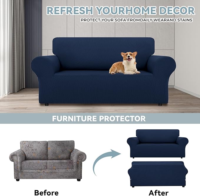 LURKA Stretch Loveseat Sofa Slipcovers 1 Piece Couch Covers for Sofa Furniture Protector Full Sofa Covers with Elastic Bottom for Kids and Dog (Medium, Navy)