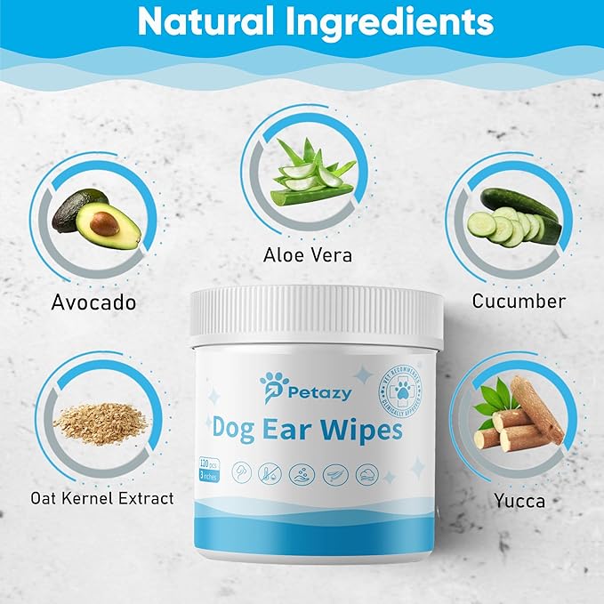 Dog Ear Wipes for Dog Yeast Wax Itch and Odor | Unscented Dog Ear Cleaner for Dogs | Natural Cleaning Puppy Ear Wipes | Soothing Ear Wipes for Pets Cat | Natural Ingredients | 120 XL Pcs