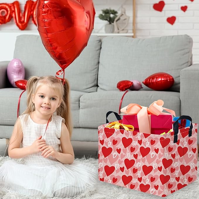 FXOCSHE Rectangular Pink Valentine's Day Gift Basket,nursery basket,Pink girls gift baskets,kids toy storage Bin, Love Heart Room Decor for Home,Shelf Baskets(More Love)