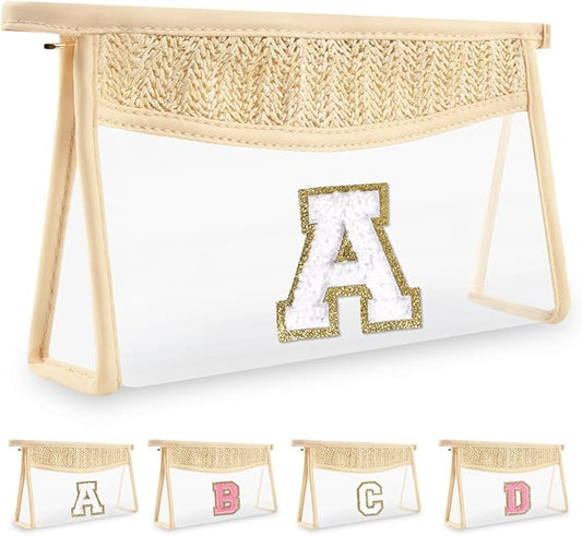 Personalized Initial Letter Bag Boho Straw Clear Makeup Bag,Small Cute Chenille Varsity Letter Bag With Zipper,Beach Travel Toiletry Bag,Portable Monogrammed Cosmetic Bag for Women Girls,A