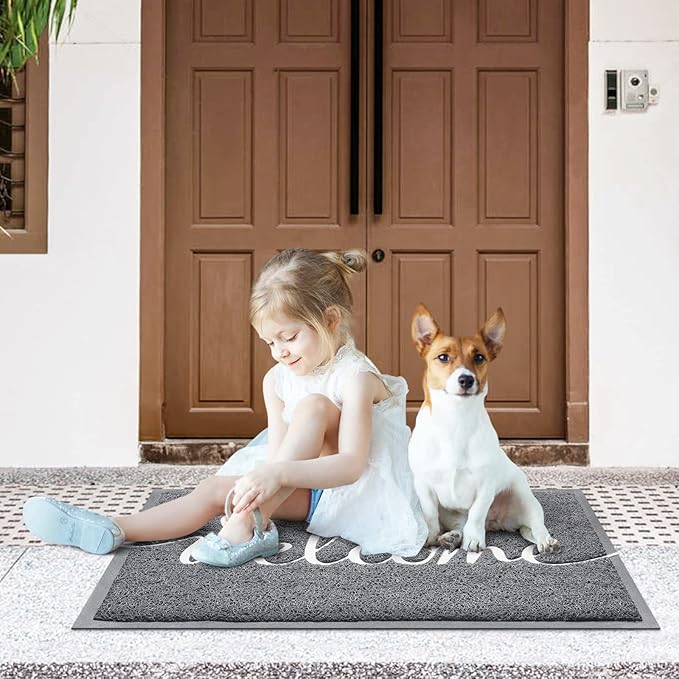 Grey Door Mat Welcome Mats Outdoor Indoor Non-Slip Doormat for Entryway Low-Profile Floor Mat for Yard, Garage, High Traffic Areas (30"x17.5", Grey)