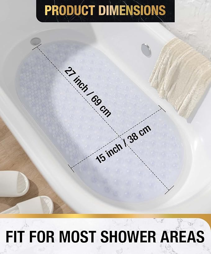 HITSLAM Bathtub Mat Non Slip, 27x15 Inch Bubble Oval Bath Tub Mat for Bathroom, Machine Washable Shower Mat with Suction Cups and Drain Holes, Clear 2 Pack