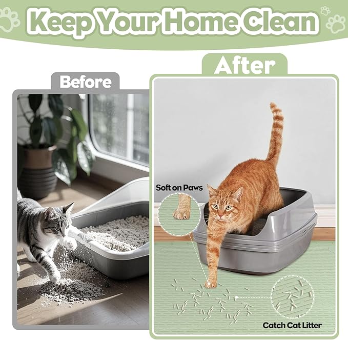 Bartuke Cat Litter Mat, Extra Large 40" x 28" Silicone Mat Litter Trapping Mat for Scatter Control, Soft on Kitty Paws, Easy to Clean (Green)