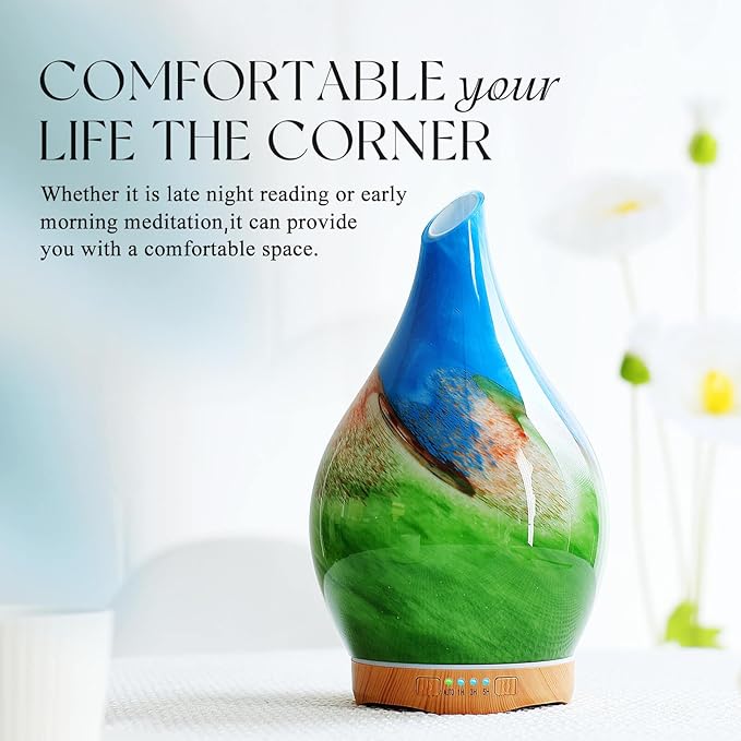 Porseme 280ml Essential Oil Diffuser Glass Color Changing Aroma Air Diffusers Aromatherapy Ultrasonic Cool Mist Humidifier 7 Running Hours Waterless Auto-Off for Sleeping, Yoga, Office (Blue Grass)