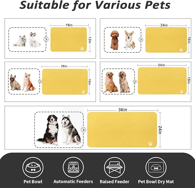 Dog Food Mat - Absorbent Cat Mat for Food and Water, No Stains Pet Feeding Bowl Mat, Easy to Clean Pet Placemats, Quick Dry Dog Water Dispenser Mat for Messy Drinkers | Paw Yellow 24"x36"