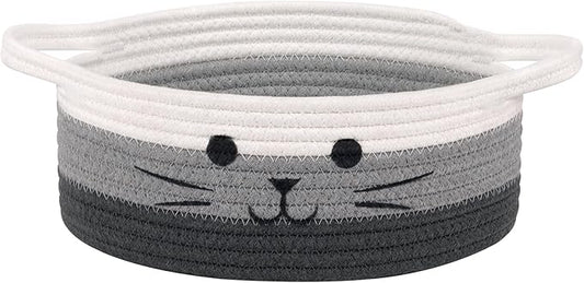 Cute Cat Toy Basket, Small Woven Basket for Organizing Living Room, Decorative Gift Baskets for Baby Shower, Pet Toys Storage, Mixed & Gray, 9.8 x 4 inches