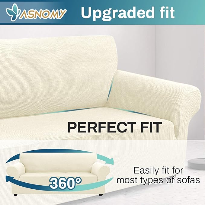 Asnomy Couch Covers for 3 Cushion Couch Stretch Sofa Covers Slipcovers, Pet Protector Furniture Covers for Dogs Cats Spandex Jacquard Fabric Small Checks（X-Large，Off-White）