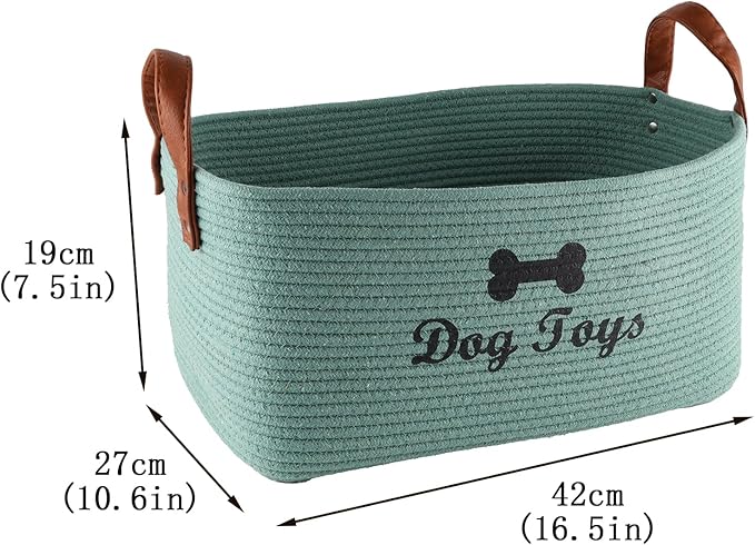 Large Cotton Rope Dog Toy Basket Storage,16.5"x10.6"x 7.5" Dog Toy bin,Puppy toy basket,-Perfect for organizing pet toys,blankets,leashes,pee- mats and diapers-Green
