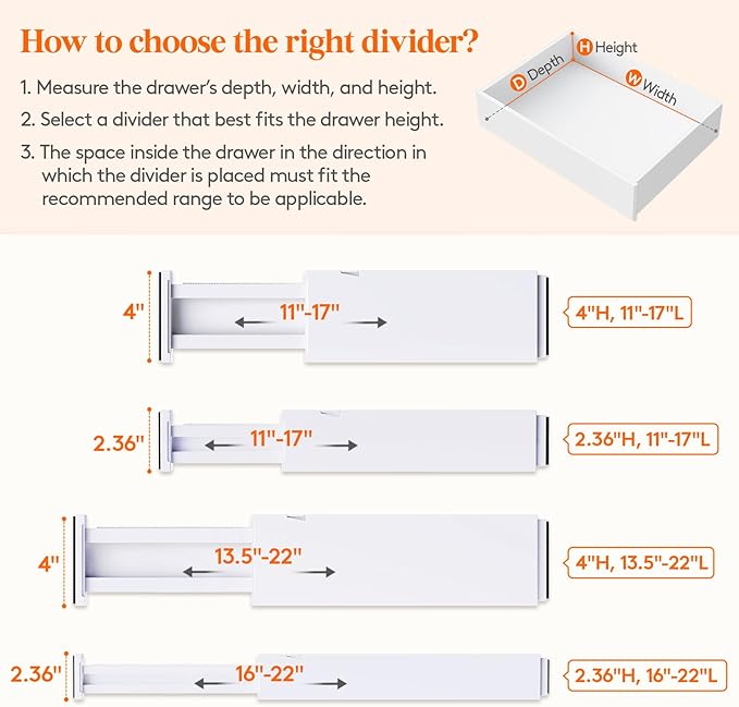 Lifewit 8 Pack Kitchen Drawer Dividers 2.36" High, 11"-17" Adjustable Drawer Organizer for Utensils/Clothes/Makeup, Plastic Expandable Separators in Dresser/Bedroom/Bathroom/Office Storage