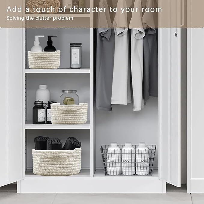 5-Piece White Rectangle Storage Basket Set, Woven Rope Sturdy Cotton Organizer Bins for Shelves, Pantry, Bathroom, Nursery & Bedroom Decor Small Organizer Bins (Beige)