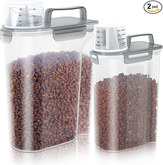 LEAWALK (3+5LBS 2Pack Cat Dog Food Storage Container Upgraded Large Nozzle BPA-free, Plastic Pet Food Containers, With 4 Sealed Clasps/1 Measuring Cup/Handle Easy Clean and Carry (Clear Grey)