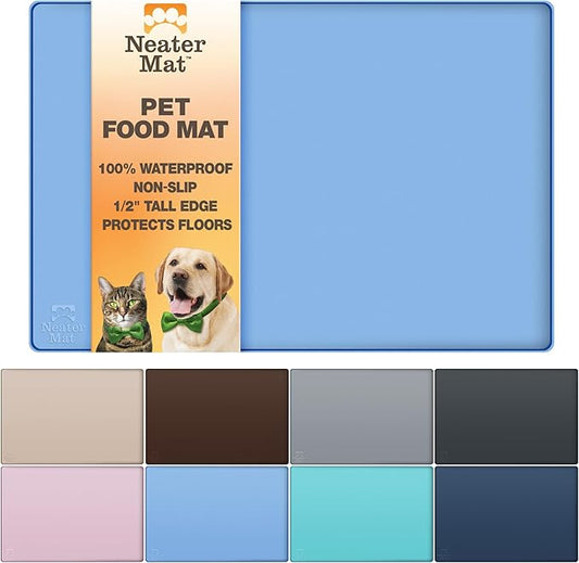 Neater Pet Brands Neater Mat Pet Mats for Food and Water, Cat & Dog Bowl Mat Waterproof Silicone, Feeding Tray, Dog Food Mats for Floors, Placemat w/Raised Edge for Under Bowls, 16” x 10”, Light Blue