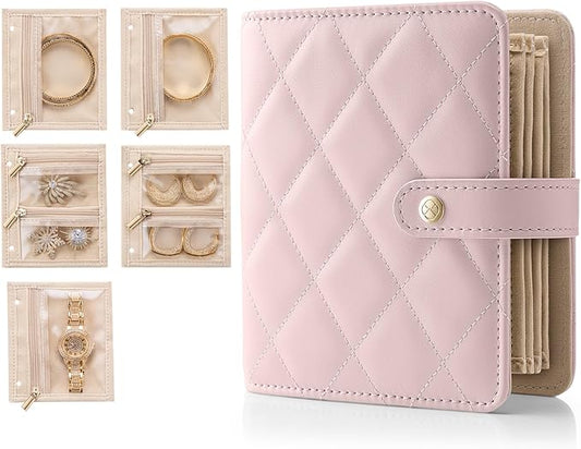 Vlando Small Jewelry Book Organizer - Leather Travel Jewelry Case with 5 Detachable Pages for Necklaces, Rings, Earrings, Tangle-Free, Giftable,Barely Pink