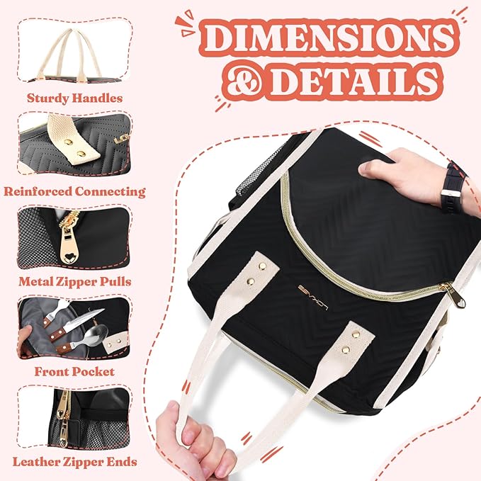 Lunch Bag Women Insulated Lunch Box Wide-Open Lunch Tote Bag Large Drinks Holder Durable Nylon Thermal Snacks Organizer for Men Adults Work Picnic Hiking Beach Fishing, Black Wavy