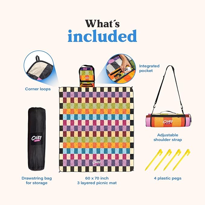 Cozy Club Waterproof Picnic Blanket Foldable Outdoor Mat with Pocket, Stakes & Shoulder Strap | Sandproof, Durable & Portable for Beach, Camping, Sporting Events & Travel | US Brand