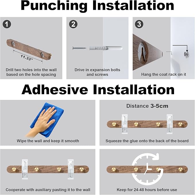 IURRDOP 16 Inch Walnut Wood Wall Mounted Coat Rack with 4 Golden Round Hooks, Adhesive Mounted Entryway Hooks, Modern Natural Wooden Pegs for Hanging Coat Clothes Hat Bag Purse Key and Towel