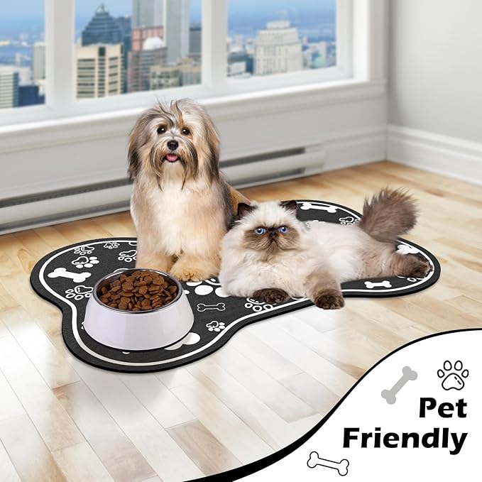 Dog Cat Food Mat,Rapid Absorbent Pet Feeding Mat, Bone Shaped Dog Placemat Water Bowl Mat with Rubber Backing,No Stains Dog Cat Food Mats Indoor, Pet Accessories Supplies 16"×24" Black