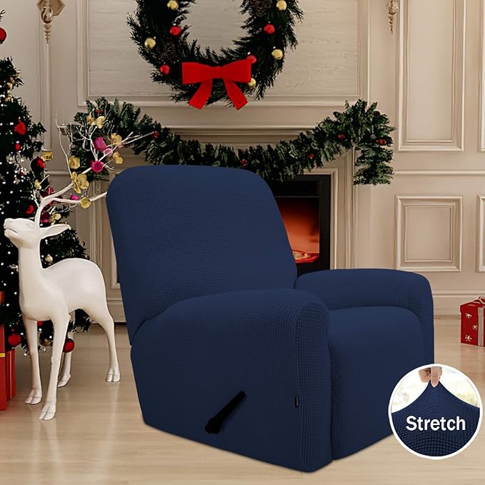 Easy-Going Recliner Stretch Sofa Slipcover Sofa Cover 4-Pieces Furniture Protector Couch Soft with Elastic Bottom Spandex Jacquard Fabric Small Checks(Recliner,Navy) Large