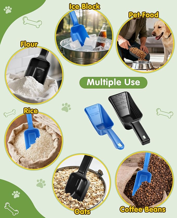 GNEOCO 2 Pack Dog Food Scoop with 1 Cup and 2 Cup Capacity, Plastic Pet Food Measuring Scoops with Clear Measurement Lines for Dogs, Cats & More,Dishwasher safe (Blue and Black)