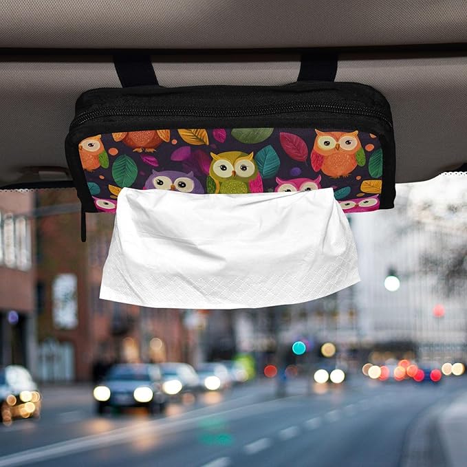Car Tissue Holder Car Napkin Holder Car Tissue Box Dispenser Storage Case Sun Visor Mask Holder with Adjustable Straps Reusable Refillable Black Owl and Leaves