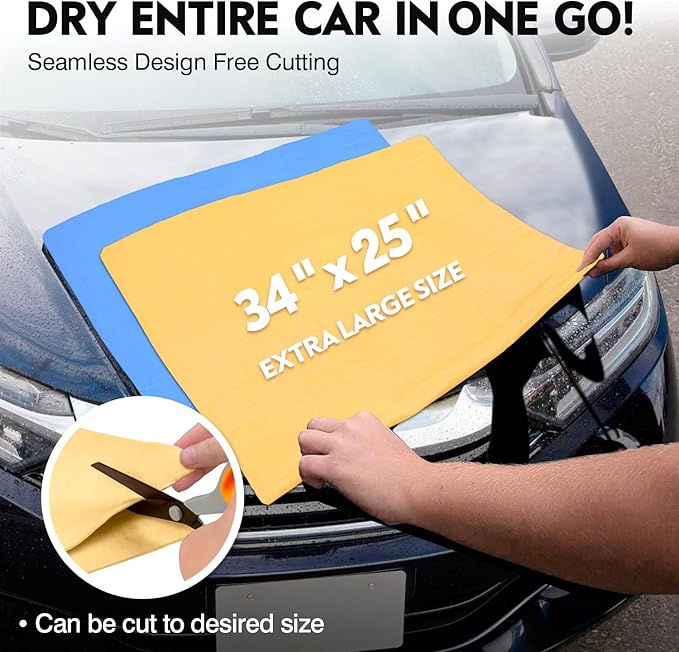 ARTIPOLY Premium Extra Large Shammy Cloth for Car Drying 2pk (34”x25”)-Super Absorbent XL Chamois Towel for Car-Reusable Shammy Towel for Car, Bathroom,Pets, Dust Remove, No Spots/Streak/Scratch