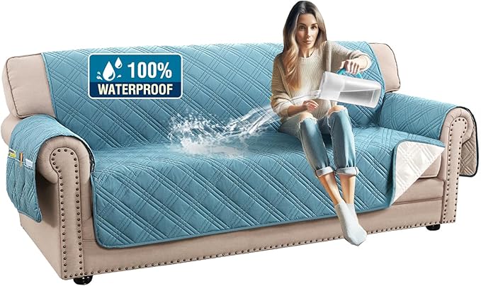 H.VERSAILTEX 100% Waterproof Couch Covers for Sofa Modern Sofa Slipcovers with Elastic Straps Thick Soft Furniture Covers Pet Friendly(Sofa, Smoke Blue/Beige)