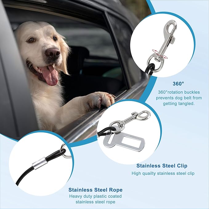 Mogoko Chew Proof Dog Car Seatbelt Safety Restraint Pet No-Chew Tether Cable Stainless Steel Dog Leash Puppy Vehicle Seat Belt Strap with Double Clip and Latch Attachment (16 inch) Black