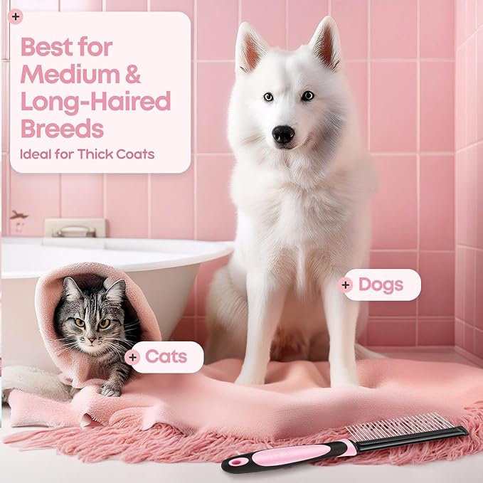 Flexzion Metal Pet Comb for Cats & Dogs – Sturdy Stainless Steel Rounded Teeth with Non-Slip Grip – Easy Grooming & Detangling for Long & Short Hair, Pink