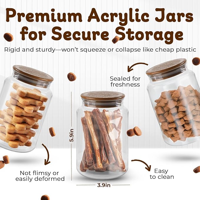 Furry Tails Co Dog Treat Container - Includes 3 Treat Jars, 1 Treat Bag, Wooden Pet Treat Holder, storage Basket, Dog Treat Station, with Reusable Sticker & Marker - Bone Shape