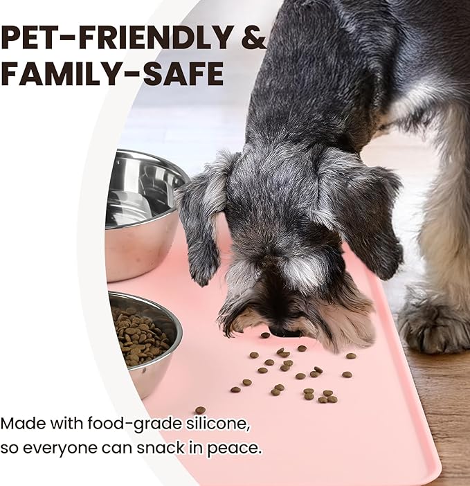 VIVAGLORY Dog Food Mat Flexmat Dog Bowl Mat, Placemat Food Tray with Raised Edges & Lip for Indoor Floor, Non Slip Waterproof Silicone Dish Placemat for Cat & Pet, S, Sakura Pink